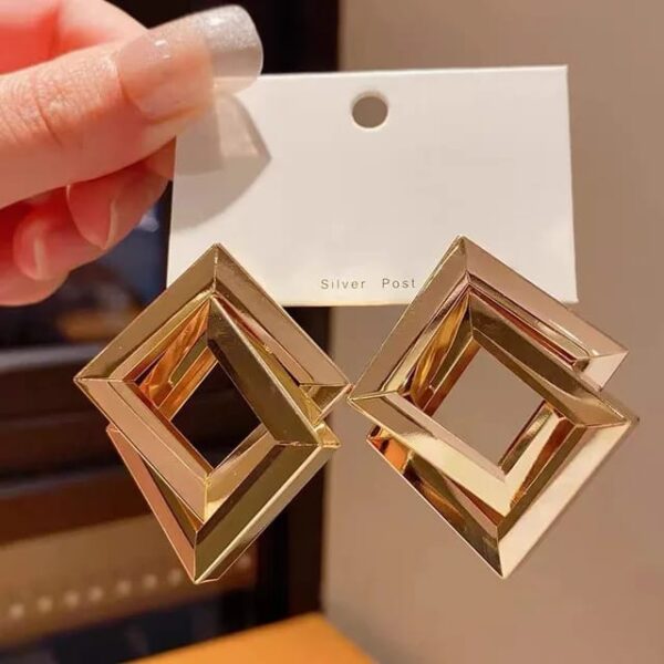 Golden Geometric Double Square Korean Wear Wedding Earrings