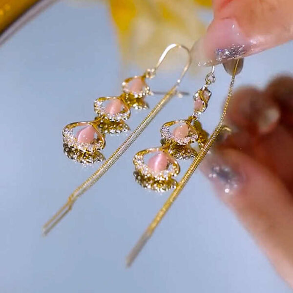 Elegant Fringe Tassel & Leaf Shape & Pink Cat's Eye Stone Long Ear Threader Earrings, Perfect Gift For Valentine's Day - Image 2