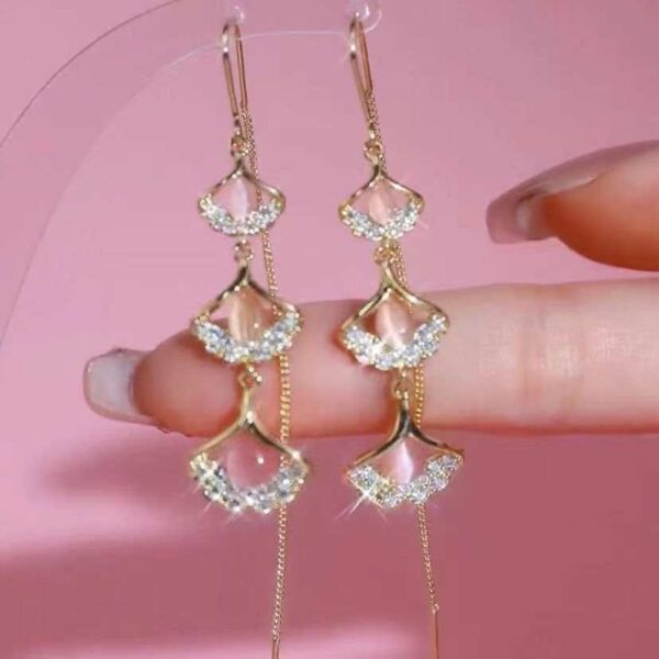Elegant Fringe Tassel & Leaf Shape & Pink Cat's Eye Stone Long Ear Threader Earrings, Perfect Gift For Valentine's Day