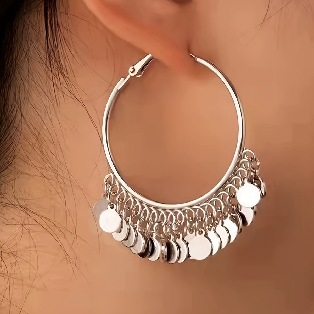 Seaa Silver Coin Hoop Earrings – Elegant, Lightweight & Timeless for Everyday Glam - Image 2