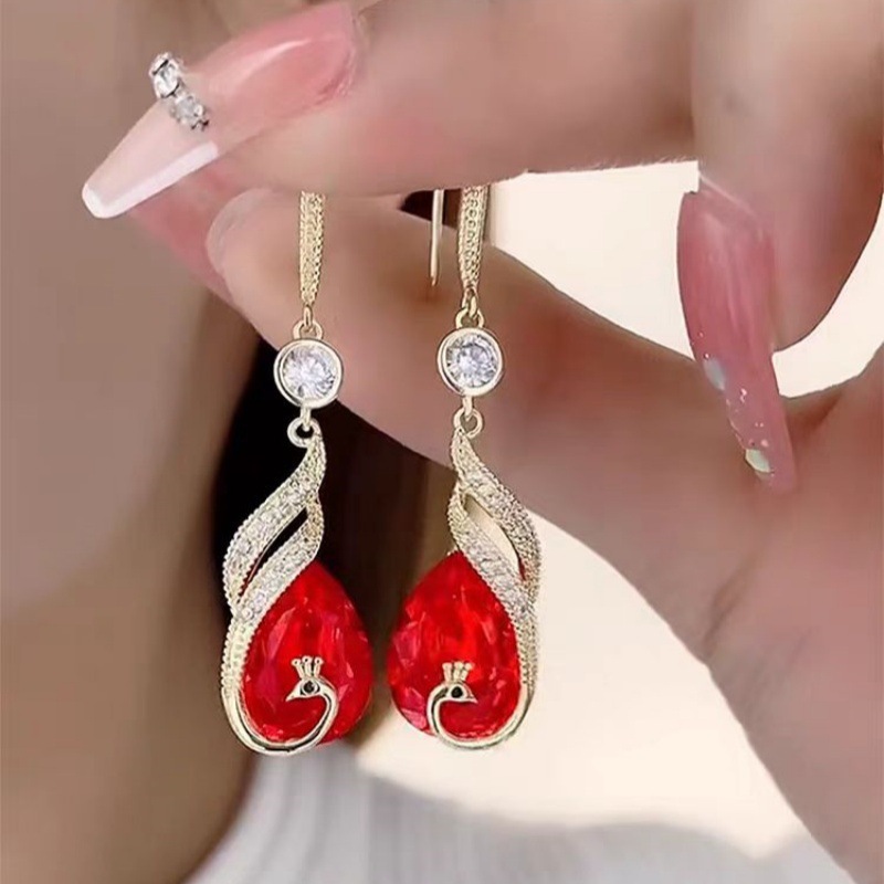 Red Peacock Drop Earrings – Ethnic Glamour with a Festive Touch