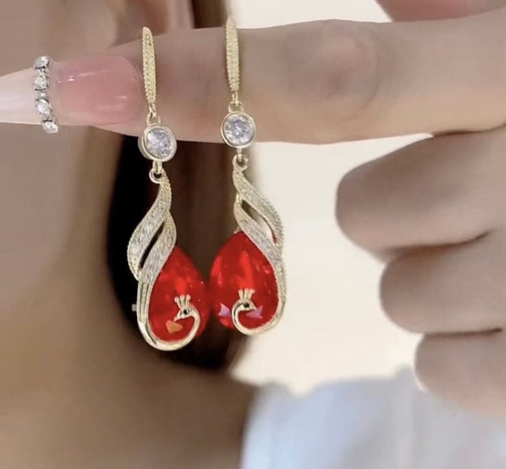 Red Peacock Drop Earrings – Ethnic Glamour with a Festive Touch - Image 3