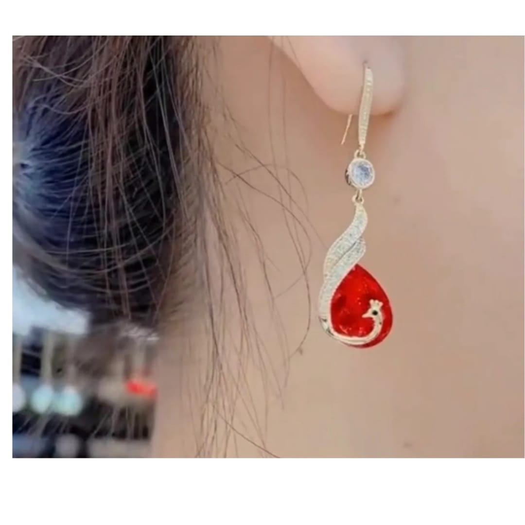 Red Peacock Drop Earrings – Ethnic Glamour with a Festive Touch - Image 4