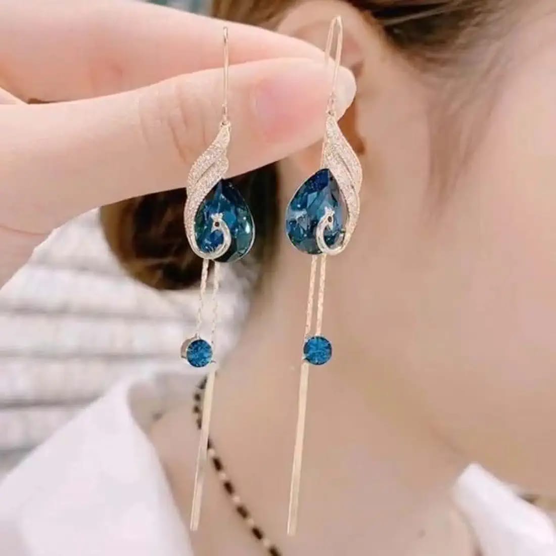 Blue Peacock Crystal Drop Earrings - Image 3