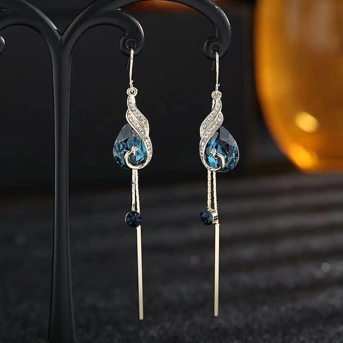 Blue Peacock Crystal Drop Earrings - Image 5